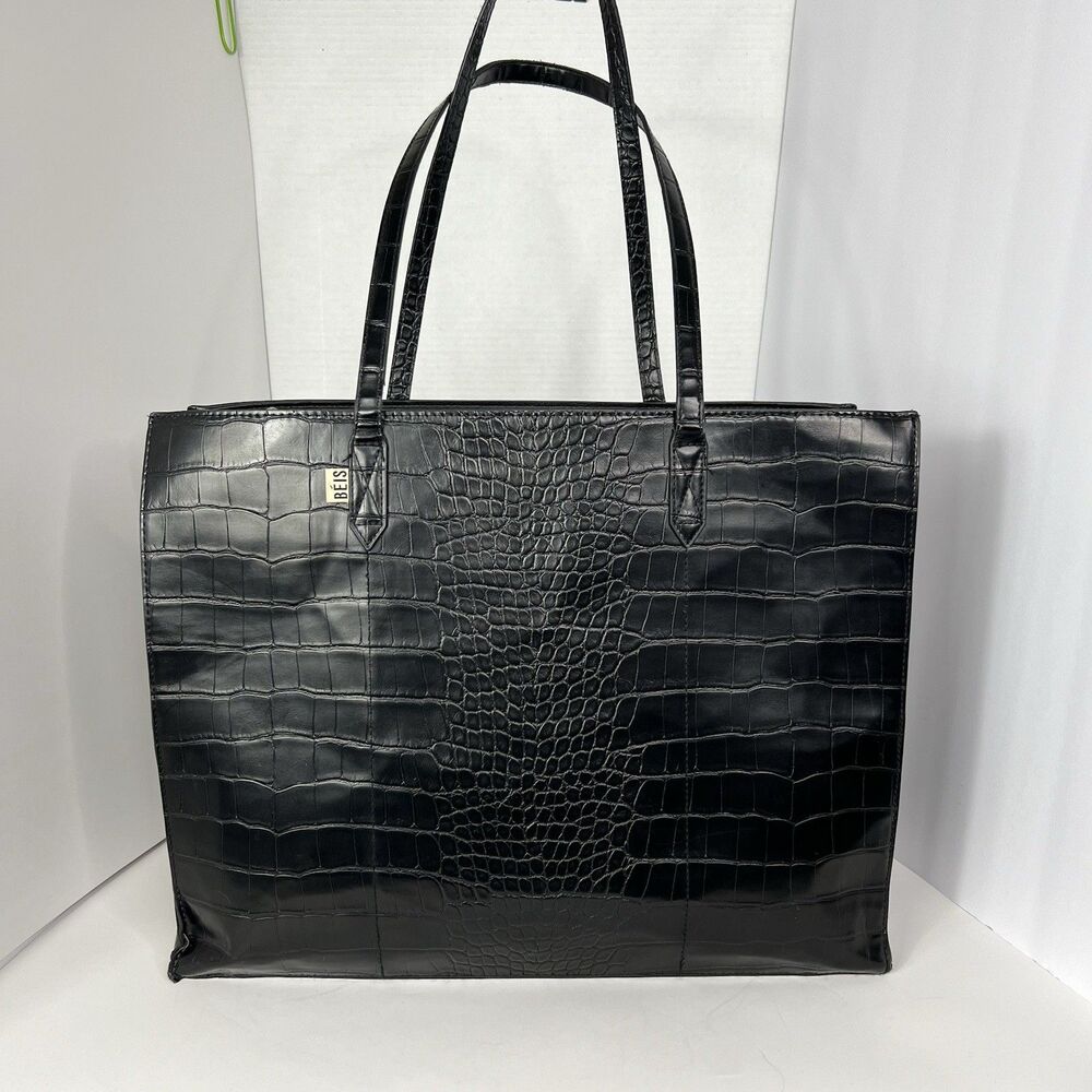 Beis Large Black Faux Alligator Leather Tote Minimalist Business Travel Bag